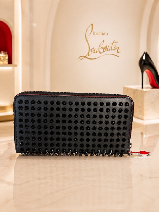 Christian Louboutin Handbags - Christian Louboutin Panettone Black Studded Zip Wallet with Red Trim